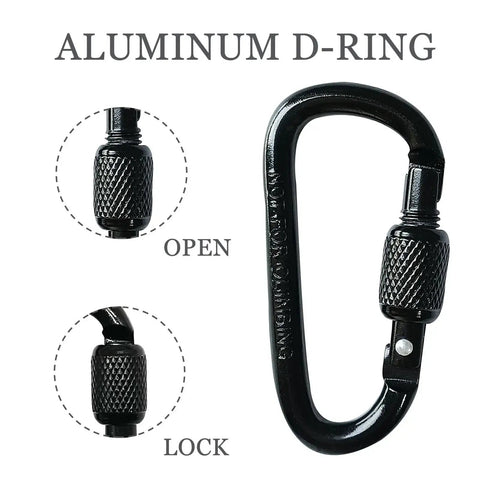 Black aluminum D-shape carabiner clip with screw gate, showing open and locked positions, for bags, belts, travel, and camping gear.