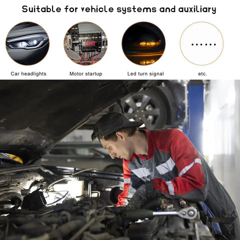 Mechanic working under car hood illustrating use of Two Pack 30 Amp 12 Volt Starter Relay Four Pin Waterproof Heavy Duty Automotive Standard Relay