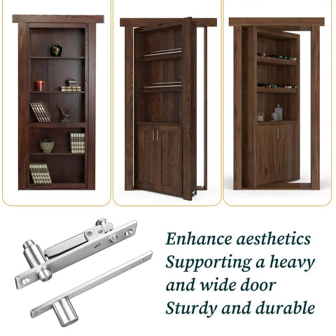 Heavy Duty Hidden Pivot Hinge For Wood Doors Stainless Steel With 360 Degree Rotation Invisible Door Hardware For Secret Bookshelf Doors And Hidden Rooms Smooth Quiet Operation Modern Concealed Hardware in use on secret bookshelf door.