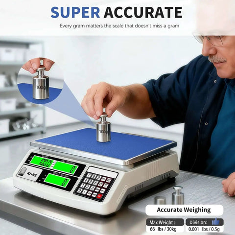 Heavy Duty Industrial Counting Scale With 30kg Capacity And 0.5g Precision For Coins And Parts, shown with weights on display