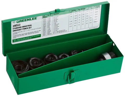 Knockout Punch Driver Set, 15-Piece Kit For 10 Gauge Steel, box display with tools and conduit size chart
