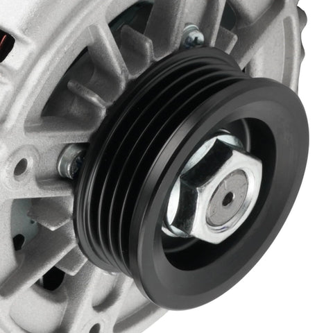 Close-up view of 90 Amp Alternator For Hyundai Accent 2006 Through 2009 GLS, Rio, Rio5, Tucson 2.0L, Sportage 2.0L, 4-groove pulley