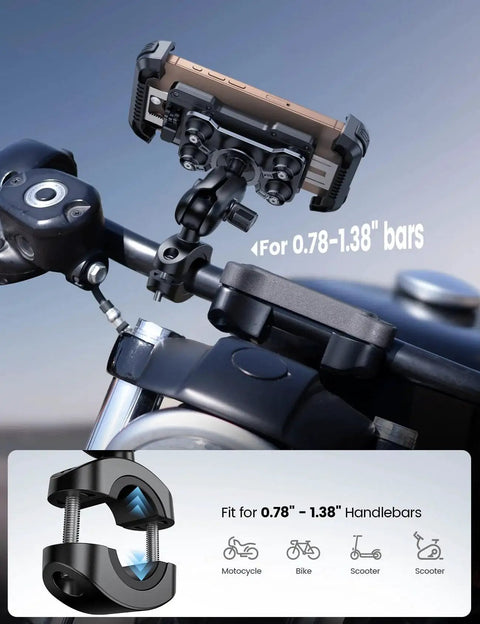 Rugged Motorcycle Phone Mount With Dual Vibration Dampener And Metal Adjustment Arm installed on motorcycle handlebar.