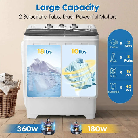 Front view of compact portable twin-tub washing machine with 18 lb wash, 10 lb dry capacity and built-in drain pump
