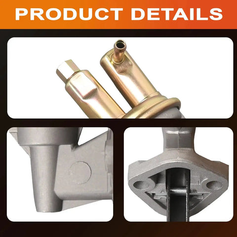 Close-up views of Drop In M6737 Mechanical Fuel Pump Replacement For Jeep And AMC Classics, highlighting metal connectors and base.