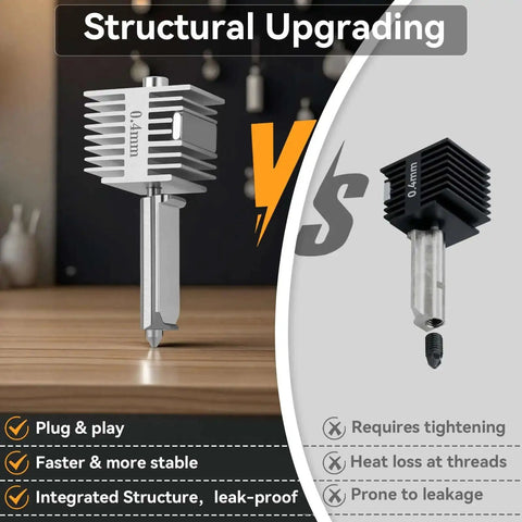 Comparison of all-metal 0.4mm stainless steel hotend upgrade for A1 and A1 Mini 3D printers, showing structural improvements.