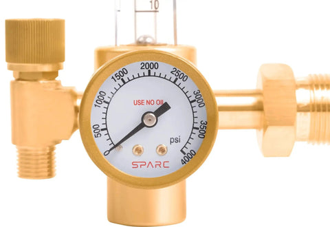Pro Grade Argon Regulator And Flow Meter For MIG And TIG Welding With 0-70 CFH CGA580, Durable Brass Construction, SPARC Gauge View