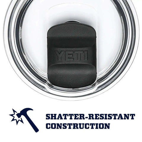 Close-up of MagSlider lid on Rambler 20 Oz Tumbler Stainless Steel Vacuum Insulated With MagSlider Lid Black, shatter-resistant construction.
