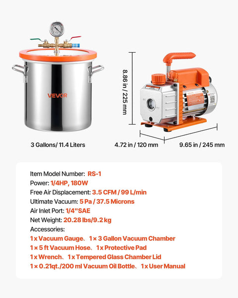 VEVOR 3-Gallon Vacuum Chamber with Pump: stainless steel chamber with orange lid and gauge, compact orange vacuum pump