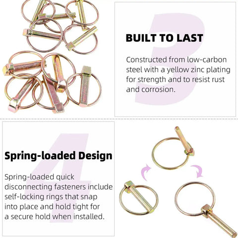 15 Piece Spring Loaded Lynch Pin Kit With 7/16 x 1-3/4 Inch Pins, stainless steel lanyard cables, quick release ring