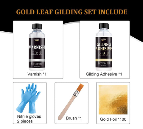 All-In-One Gold Leaf Gilding Kit With 24K Gold Foil Sheets, 100ml Water-Based Adhesive, 100ml Fast-Dry Varnish, gloves, brush