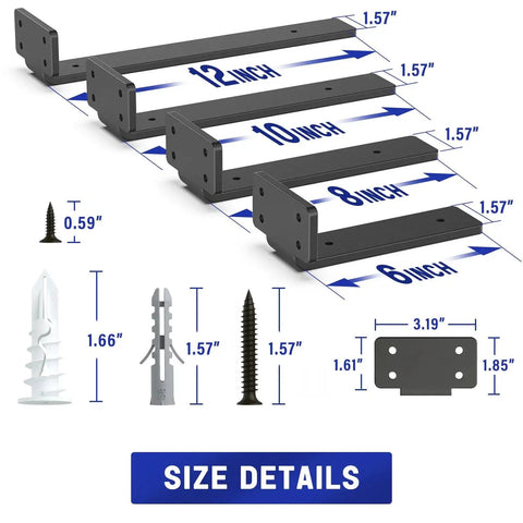 Size details of Heavy Duty Floating Shelf Brackets Set 6 Inch Long 6 Pack Black Coated Metal Wall Shelf Supports