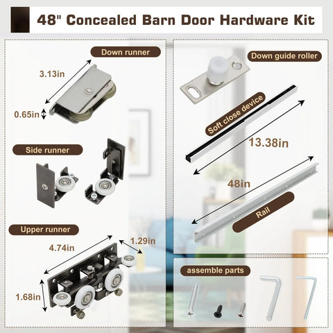 Concealed Sliding Barn Door Hardware Kit With Soft Close For 40 To 44 Inch Passage Opening components detailed view