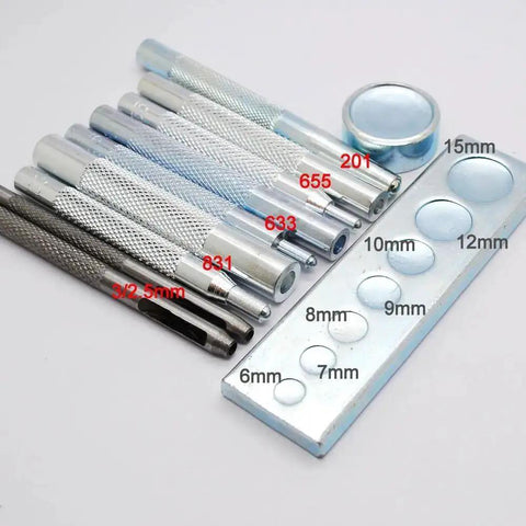 Leather Craft Rivet And Snap Kit Set 11 Piece Die Punch And Rivet Setter Tool shown with metal base for punching holes 6mm to 15mm.
