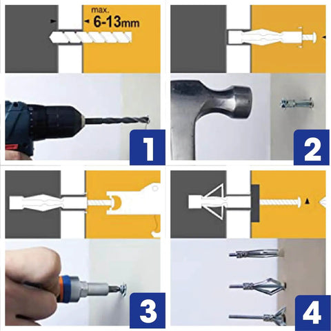 Installation guide for Heavy Duty Zinc Plated Steel Molly Bolt Anchors Kit For Drywall Hollow Wall Drive Anchors Set In 68 Piece
