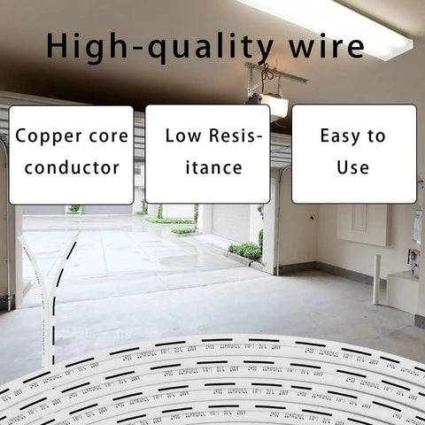 Universal 100 Ft 22 AWG 2-Conductor Garage Door Opener Wire, high-quality copper core with PVC insulation, indoor garage setting.