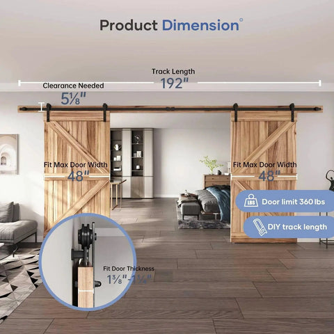 16 Ft Double Sliding Barn Door Hardware Track Kit With Straight Pulleys Heavy Duty Steel Black Powder Coated Finish For 48 Inch Wide Doors