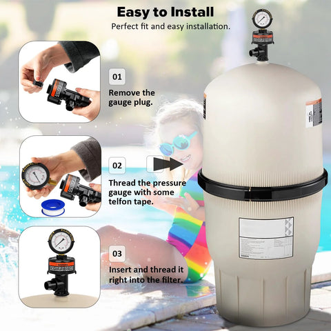 Pool filter air relief valve with pressure gauge attached to beige filter tank; includes gauge plug, O-rings, and clips.