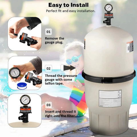 Manual Air Relief Valve For Pool And Spa Filters With Pressure Gauge Replacement Includes Gauge Plug O Rings And Clips No Hassle Easy Install Compatible With Warrior EasyClean FNS Quad DE Clean And Clear And More shown with filter housing and installation steps