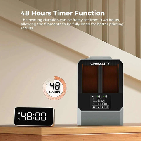 Dual Spool Filament Dryer Box For 3D Printing Space Pi Dryer Plus with 48-hour timer feature displayed next to digital clock.