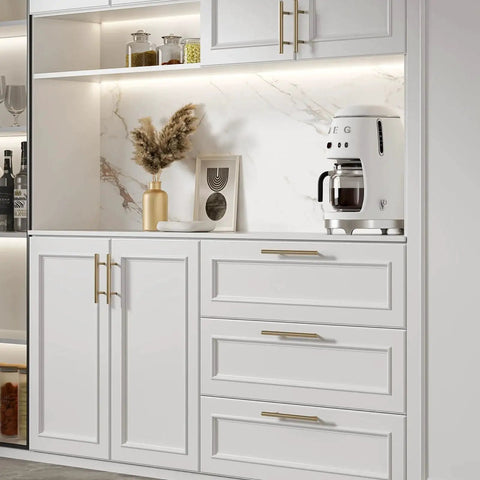 25 Pack Champagne Bronze Cabinet Pulls 3 Inch Drawer Handles installed on modern white kitchen cabinets with brushed stainless steel finish
