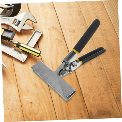 Metal Bender Tool With Straight Jaw Hemming Pliers For Duct Crimping and Wire Bending, 6 Inch Jaw, Non Slip Grip, on wooden surface.