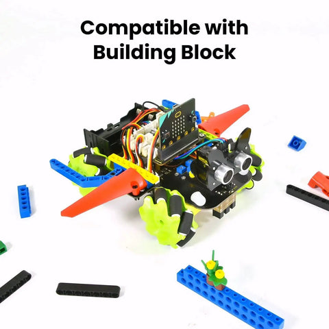 Microbit V2 Robot Car Kit With 4WD Mecanum Wheels in assembly with colorful building blocks, featuring sensors and Microbit board.