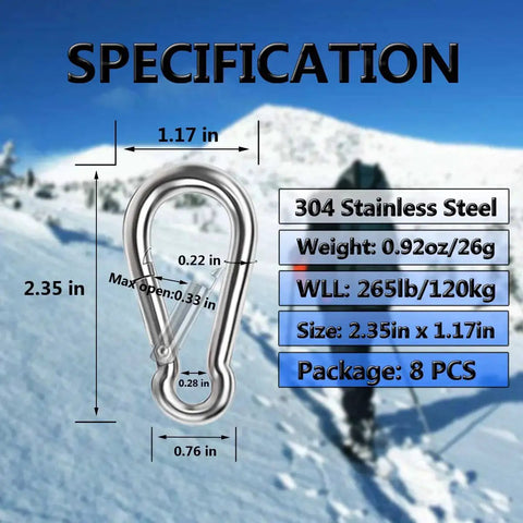 Heavy Duty 304 Stainless Steel Snap Hooks for Outdoor Gear and Camping, showing size and specifications on snowy background