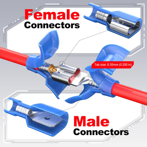 Blue nylon female spade connector for 6.35 mm quick-disconnect tabs, 16–14 AWG wiring; 100 pcs.