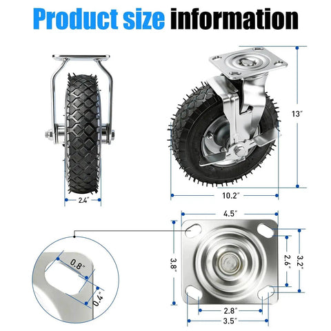 Amazon 8-inch pneumatic caster wheels with locking brakes, set of 4, rubber tires on metal swivel frames with mounting plate.