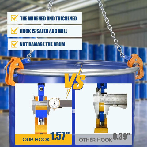 Comparison of Oil Barrel Drum Lifter With G80 Chain 2000lb 1T with safety features and hook measurements at 1.57 inches.