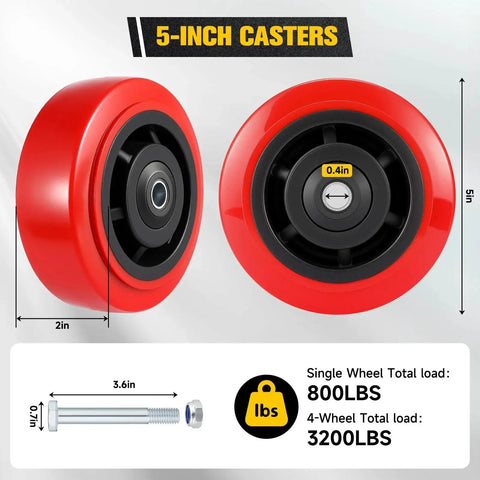 5 Inch Caster Wheel Set Of 4 With Polyurethane Surface And Dual Ball Bearings, 3200 Lbs Load Capacity, for Carts and Trolleys