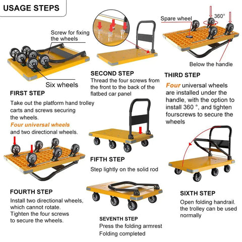 Infographic showing assembly steps for Heavy Duty Folding Platform Cart With 1764 Pound Capacity and Reinforced Thickened Base.