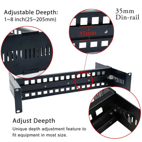 Heavy Duty 19 Inch Rack Mount DIN Rail Kit with 35mm Height DIN Rail and Adjustable Depth Bracket Shelf showing adjustment features