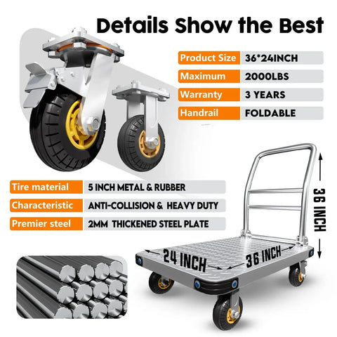 Diagram of Heavy Duty Platform Truck And Flat Moving Cart With 2000 Lbs Capacity Steel Push Cart Dolly, showcasing 36 x 24 flatbed and caster wheels