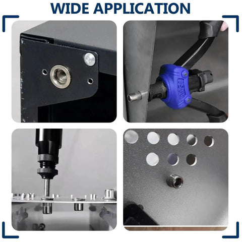 Rivet Nut Kit With 300 Pcs Metric And SAE Rivet Nuts M3 Through M12 And 8-32 Through 1/4-20 In 304 Stainless Flat Head Nutserts application.