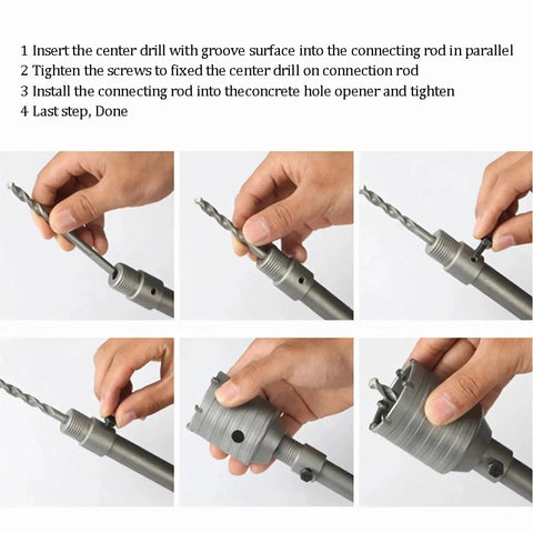 Two Piece 65mm Concrete Hole Saw Set With 220mm Shanks And Two And A Half Inch Diameter For Cement Brick Concrete Stone Wall Drilling Includes High Hardness Center Drill For Precise Positioning And Clean Fast Openings, showing assembly steps