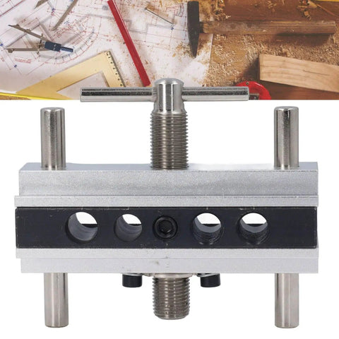 Silver Self Centering Doweling Jig Kit With Adjustable Width Drilling Guide And Six Bushings For Wood Joinery Projects