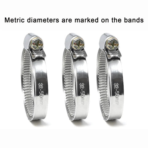 Three stainless steel hose clamps with metric sizes, from the 90 Piece Stainless Steel Hose Clamps Set For Automotive Radiators And Pool Hoses.