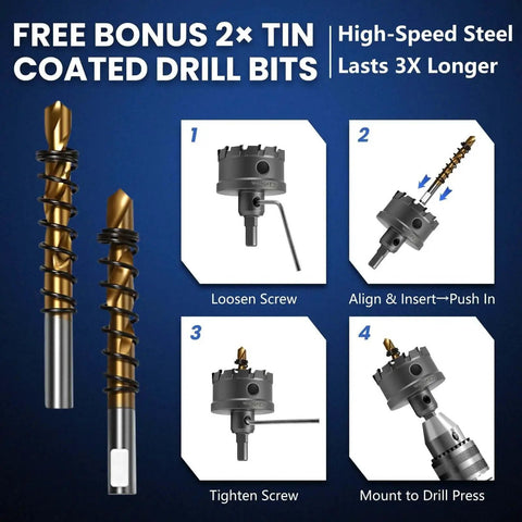 Instructional diagram showing 16 Piece Heavy Duty Carbide Hole Saw Kit With Titanium Plated TCT Bits for Metal Wood Plastic Iron