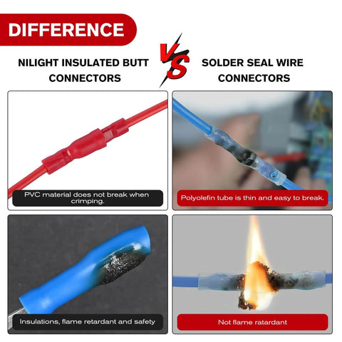 Comparison of Nilight insulated butt connectors vs solder seal wire connectors showing durability differences.