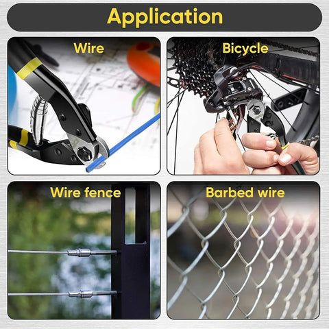 Heavy Duty Wire Cutters For Three Sixteenth Inch Cable And Fence Wire With Safety Lock Spring Loaded Handle And Non Slip Matte Grip Chrome Vanadium Steel Jaw By DISEN For Aluminum Copper And Steel Cable shown cutting wire, bike cable, fence wire, and barbed wire.