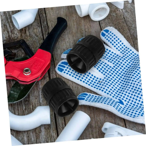 Two Piece Tubing Reamer Tool For Deburring Inner And Outer Chamfering Portable Plumbing Reamer Set on workbench with gloves