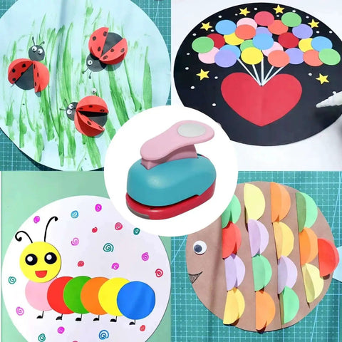 2 Inch Circle Hole Punch For Crafting And Scrapbooking with paper punch shapes in ladybug, balloon heart, caterpillar, and fish designs.