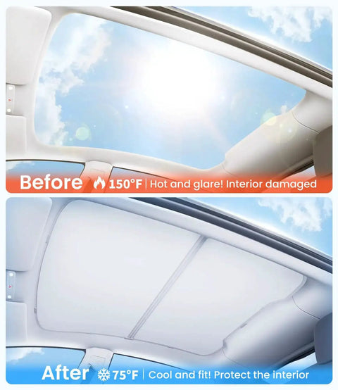 Before and after installation of Magnetic Foldable Glass Sun Shade For Model Y 2020 2025 No Sag With Insulation.