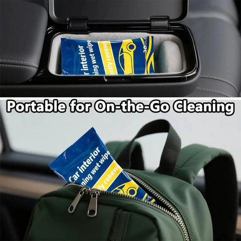 Plant Based Car Interior Cleaning Wipes Multi Surface Cloths in car console and backpack for portability