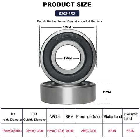 Two Sackorange 6202-2RS deep groove ball bearings, double rubber seals, 15x35x11 mm, pre-lubricated.