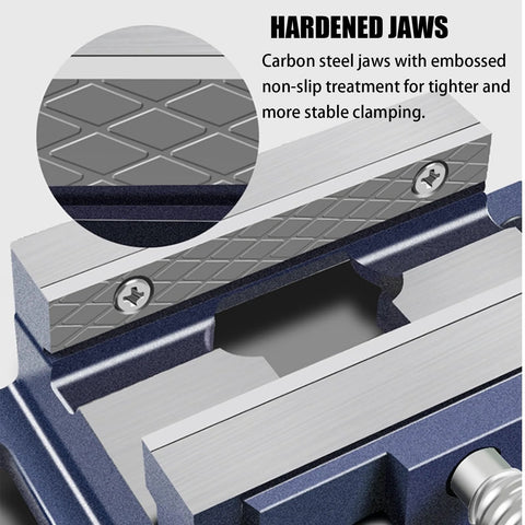 Close-up of serrated carbon steel jaws on a Heavy Duty 5 Inch Table Vise For Woodworking With Fixed Serrated Jaws And 180 Degree Rotatable Rocker Handle.