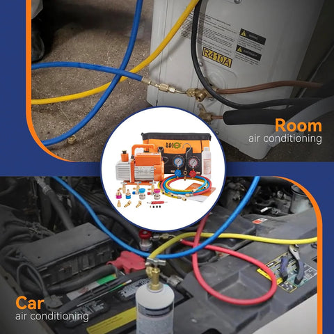 BACOENG R32 AC vacuum pump and gauge set, 4 CFM HVAC kit with orange case and hoses.