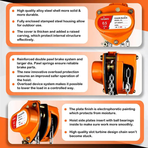 Half Ton Manual Chain Hoist With 10 Ft Lift And 1100 Lb Capacity Dual Hooks Industrial Grade with alloy steel casing and brake system